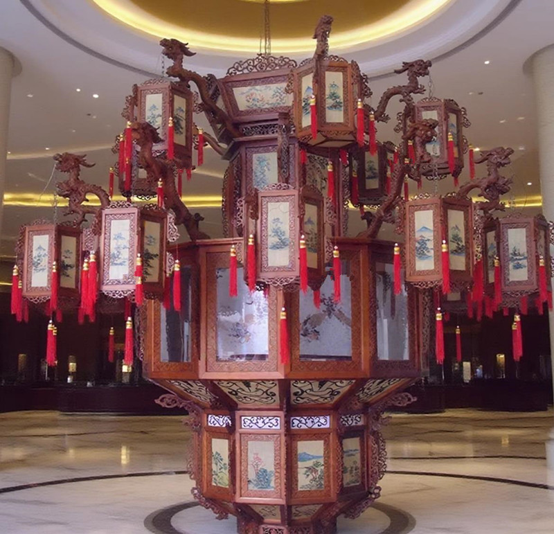 Fully Hand Carved Wood Large Dragon Head Temple Glazed Lamp Hand Painted Antique Birch Palace Lantern Chinese Large Lantern