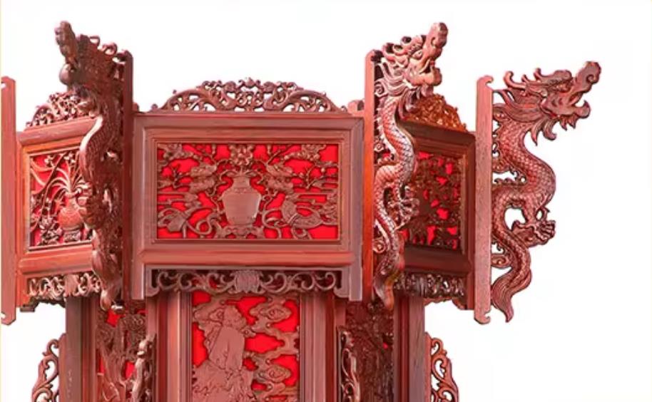 Chinese Padauk Hexagonal Palace Lantern Hand Carved The Eight Immortals Crossing the Sea Antique Temple Lamp Imperial Pendant Light