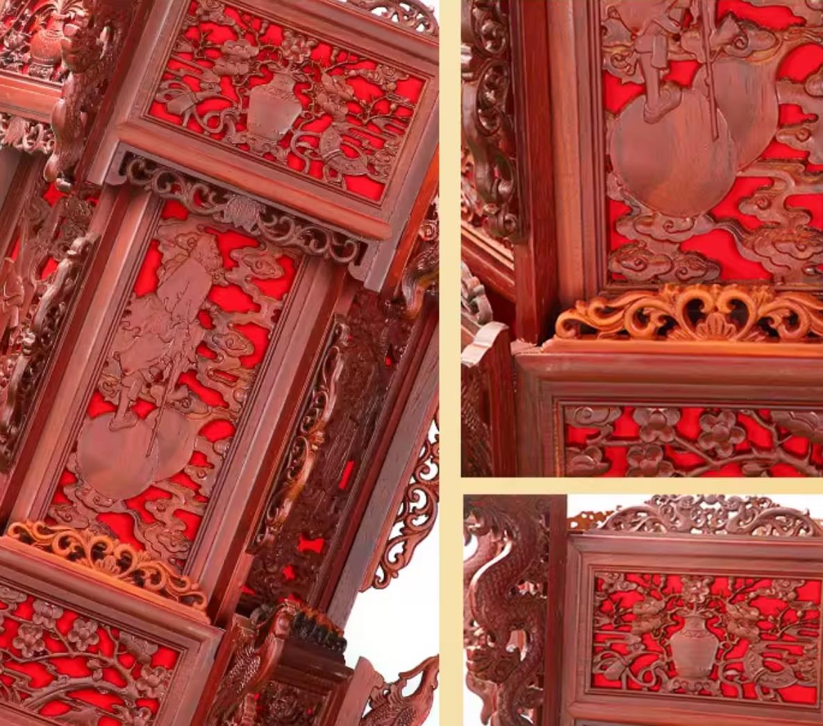 Chinese Padauk Hexagonal Palace Lantern Hand Carved The Eight Immortals Crossing the Sea Antique Temple Lamp Imperial Pendant Light