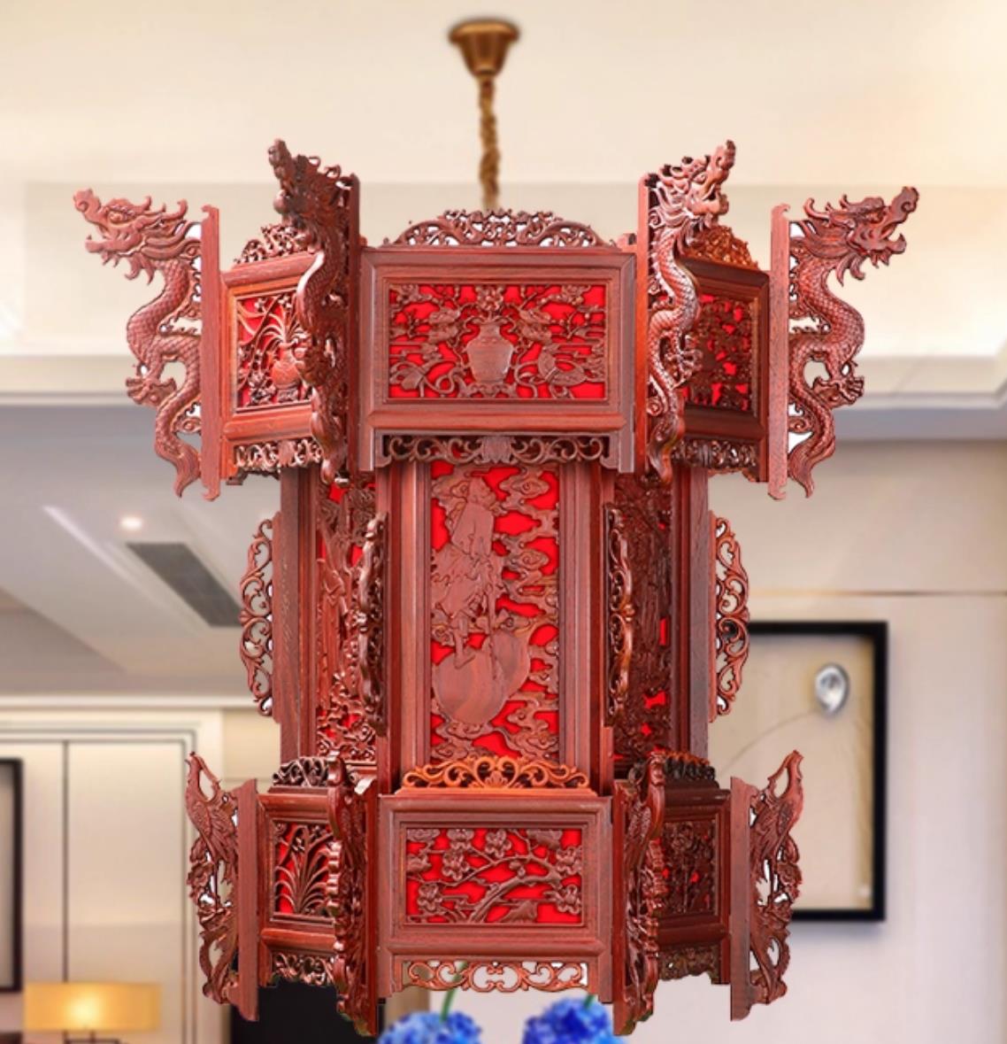 Chinese Padauk Hexagonal Palace Lantern Hand Carved The Eight Immortals Crossing the Sea Antique Temple Lamp Imperial Pendant Light