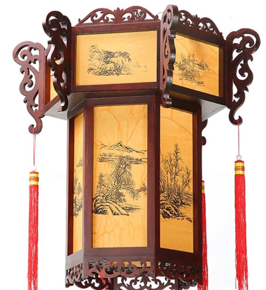 Chinese Antique Wood Palace Lantern Zen Landscape Pendant Light Hand Carved Hexagonal Palace Lantern