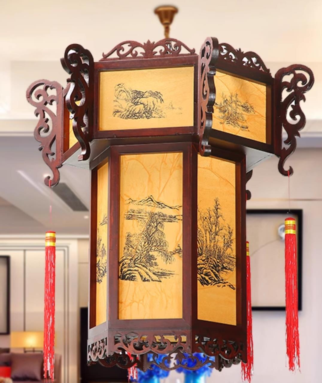 Chinese Antique Wood Palace Lantern Zen Pendant Light Hand Carved Hexagonal Palace Lantern