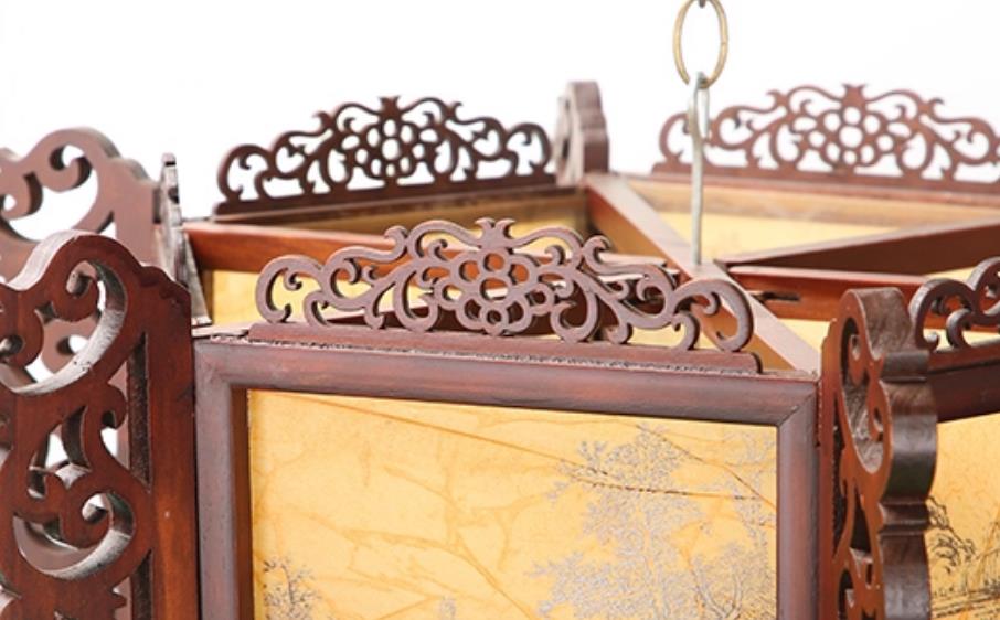 Hand Carved Hexagonal Palace Lantern Chinese Antique Wood Palace Lantern Zen Landscape Pendant Light