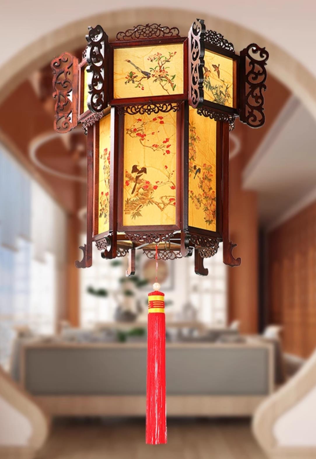 Hand Painted Bird Flower Pendant Light Carved Hexagonal Palace Lantern Chinese Antique Wood Palace Lantern