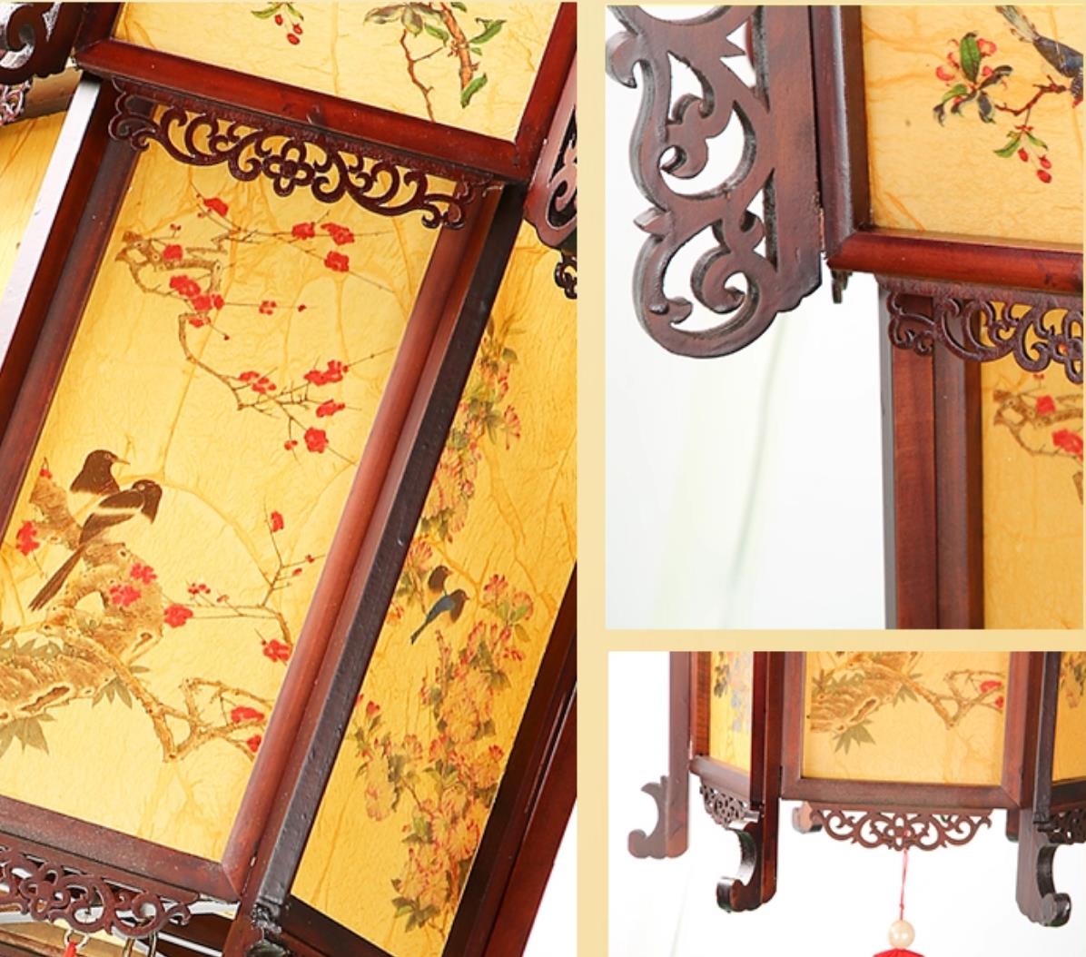 Hand Painted Bird Flower Pendant Light Carved Hexagonal Palace Lantern Chinese Antique Wood Palace Lantern