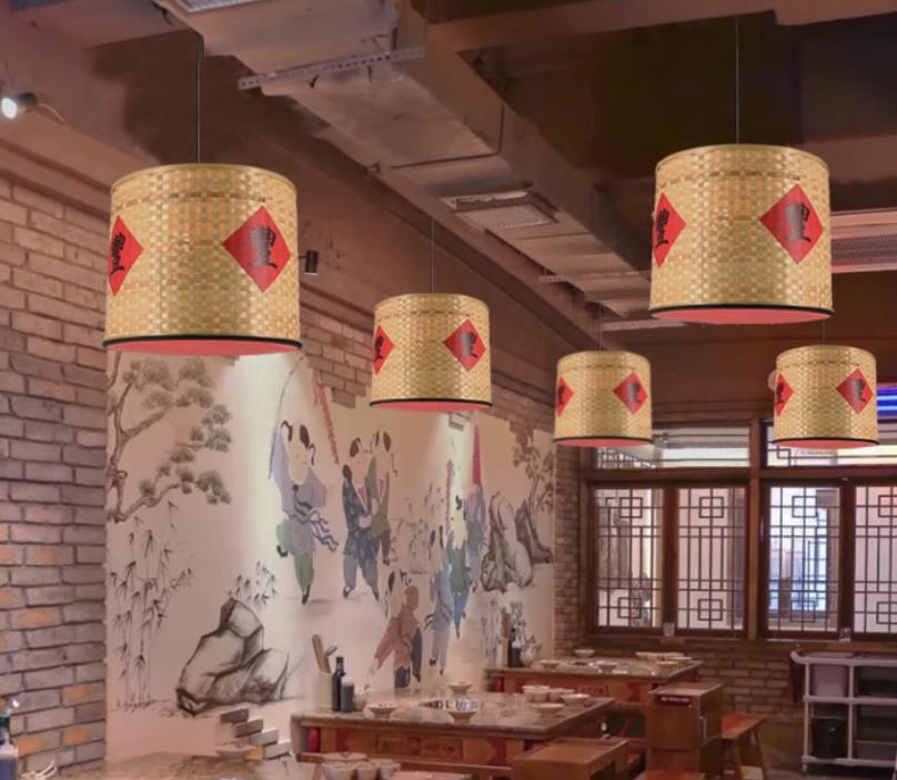 Chinese Retro Bamboo Weaving Lamp Hot Pot Restaurant Lantern Creative Decoration Pendant Light