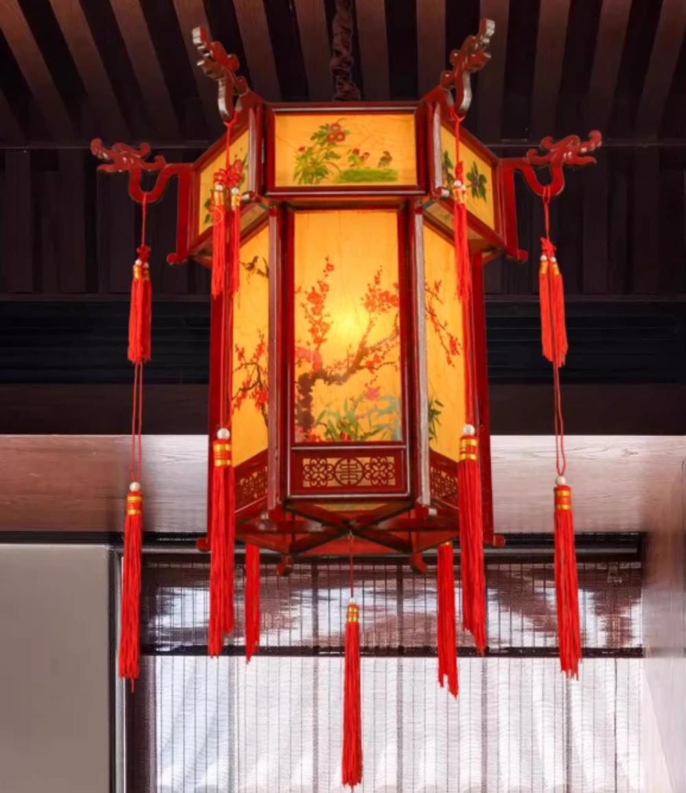 Chinese Antique Palace Lantern New Year Wood Hexagonal Courtyard Lamp Restaurant Pendant Light