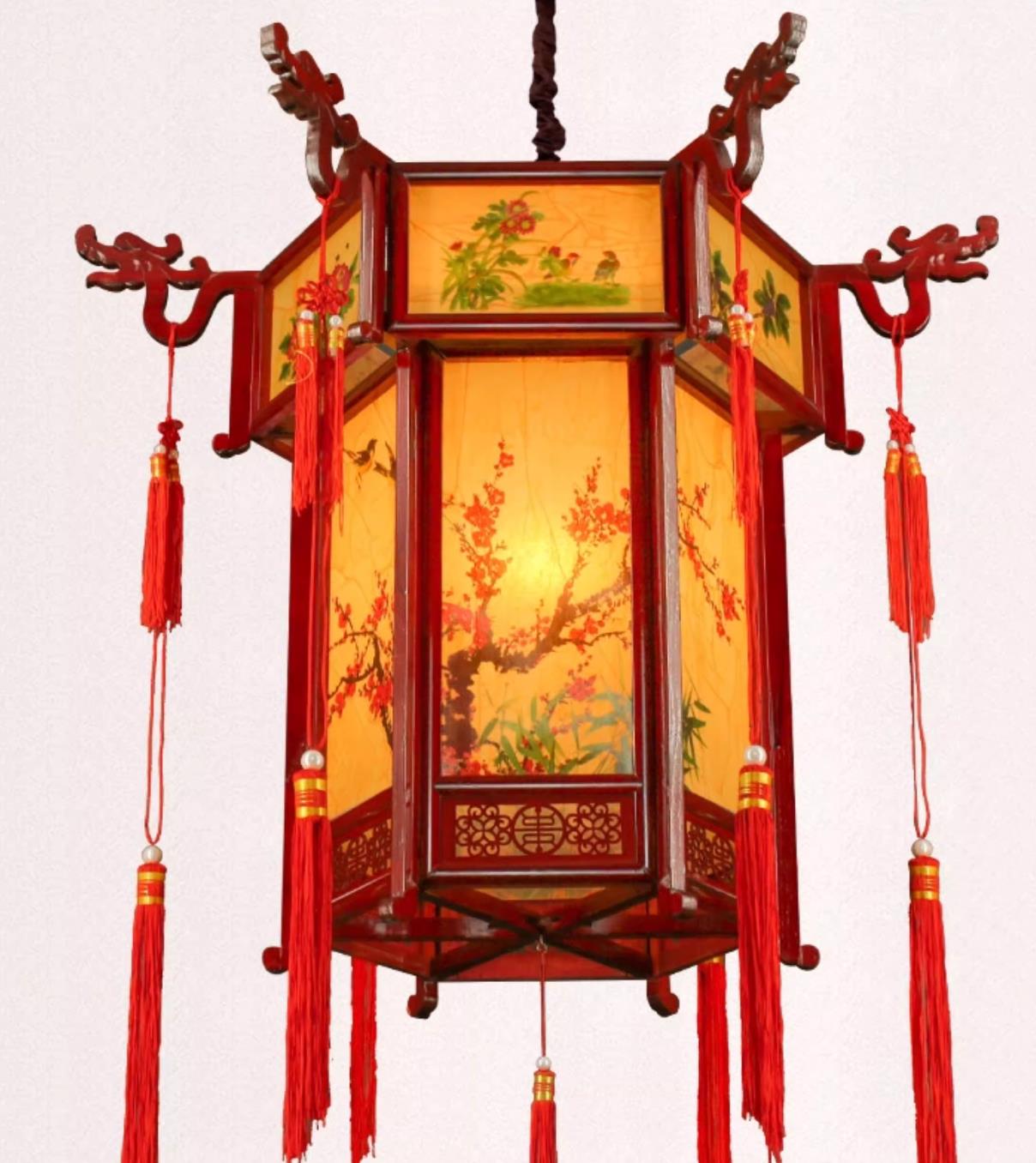 Chinese Antique Palace Lantern New Year Wood Hexagonal Courtyard Lamp Restaurant Pendant Light
