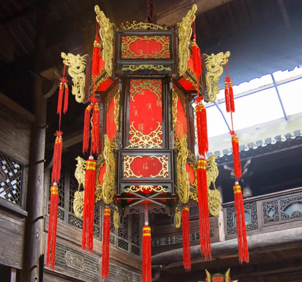 Chinese Wood Antique Gold Gilded Palace Lantern Traditional Corridor Lamp Decoration Hanging Light
