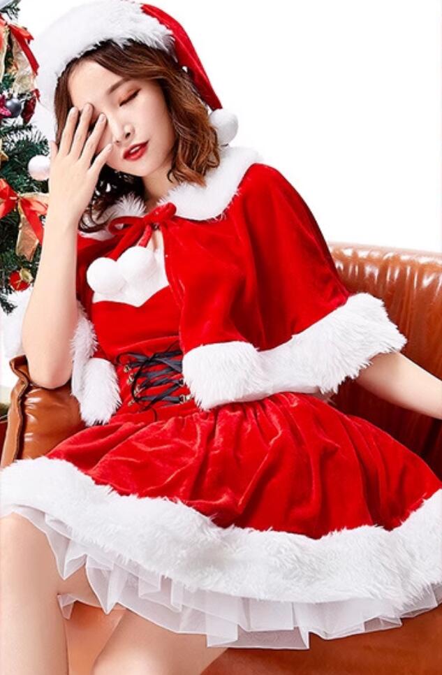 Cosplay Elf Costume Christmas Court Queen Red Short Dress with Cape Theme Party Clothing
