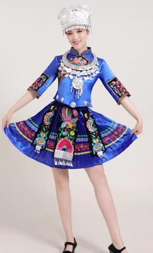 Tujia Minority Embroidered Blouse and Pleated Skirt Chinese Ethnic Woman Costume Traditional Tujia Nationality Dance Blue Outfit