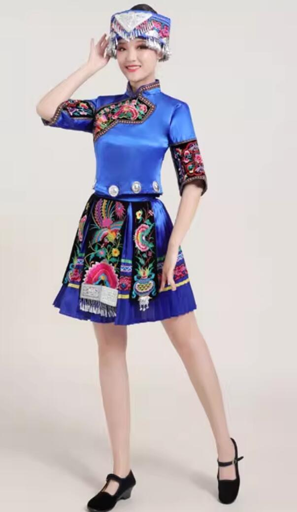 Tujia Minority Embroidered Blouse and Pleated Skirt Chinese Ethnic Woman Costume Traditional Tujia Nationality Dance Blue Outfit