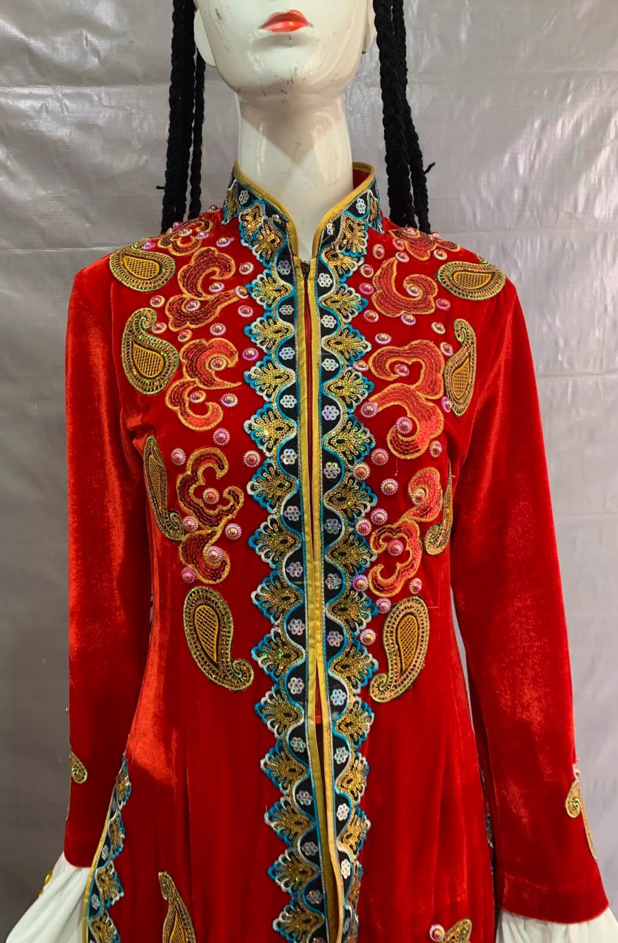 Uzbek Ethnic Costume Chinese  Minority Performance Attire Red Long Dress Set