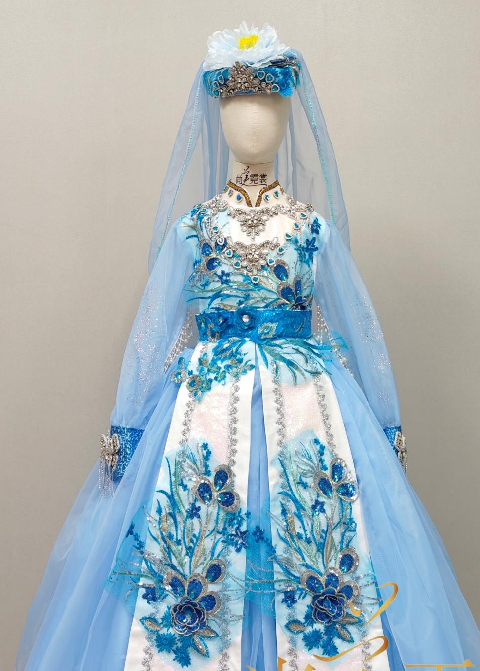 Ethnic Girl Blue Dress Chinese Hui Nationality Minority Stage Performance Costume