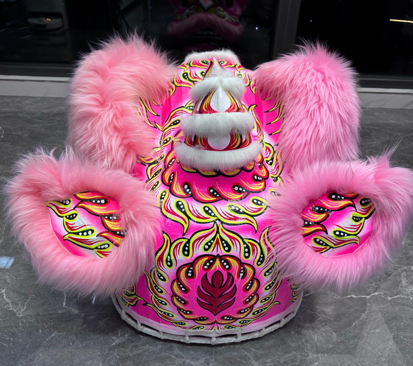 Chinese Lion Dance Costume Handmade Pink Wool Lion Head and Clothing Complete Set