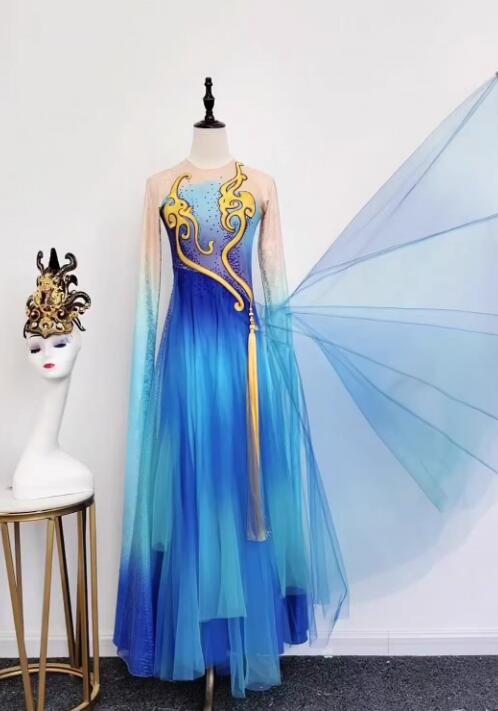 Chinese Classical Performance Clothing Water Sleeve Dance Costume Women Han Tang Dance Long Sleeve Blue Dress