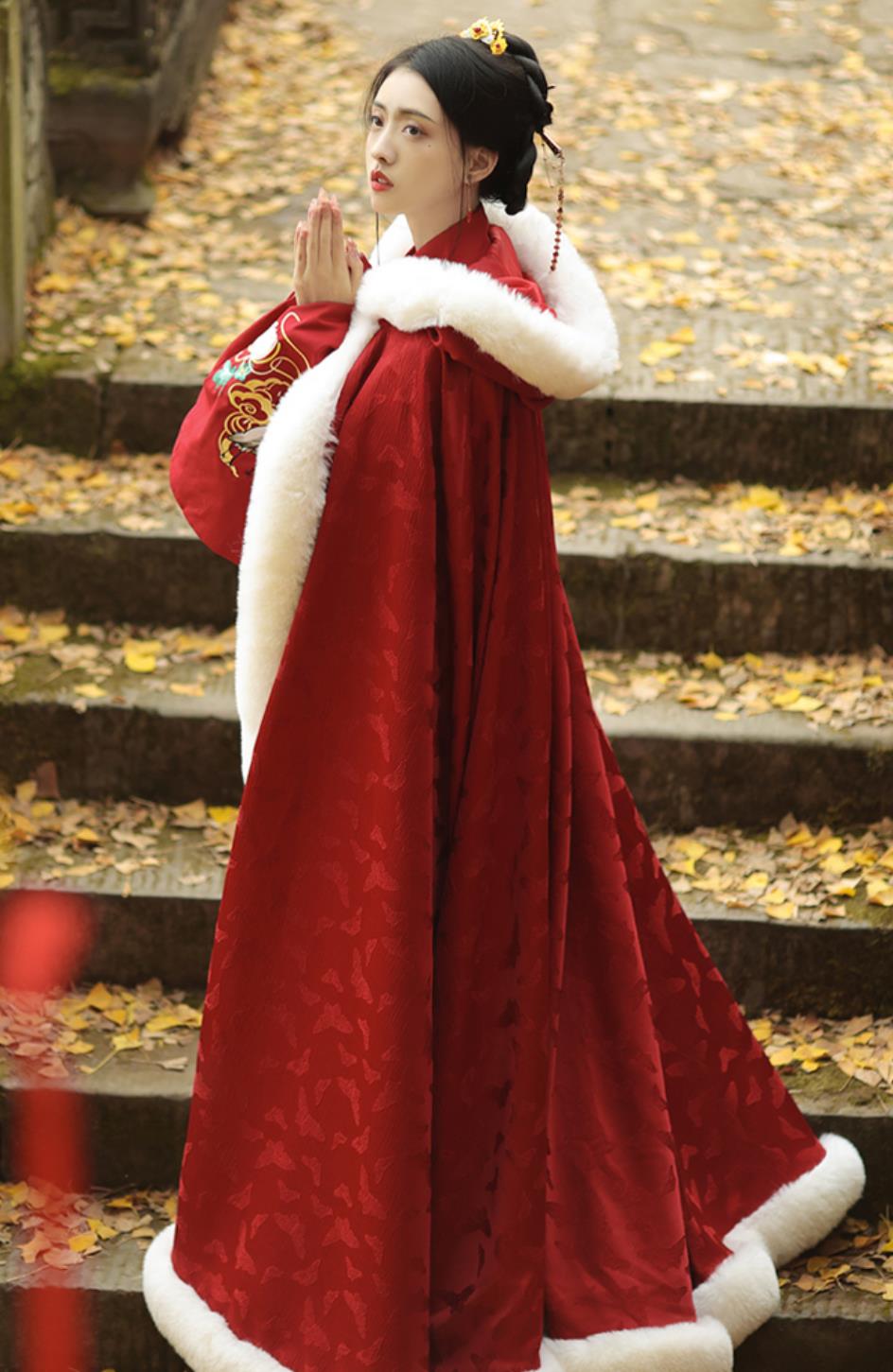 Chinese Red Cloak Hanfu Cape Women Hooded Ancient Style Costume