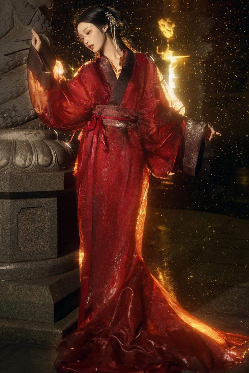 Women Red Warring States Robe Chinese Hanfu Dress Ancient Beauty Wide Sleeves Costume