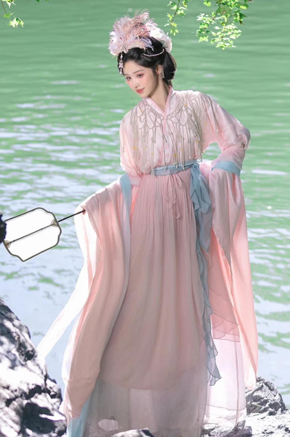 Chang E Fairy Hanfu Women Pink Wide Sleeve Flowing Immortal Dress Ancient Chinese Dance Performance Costume
