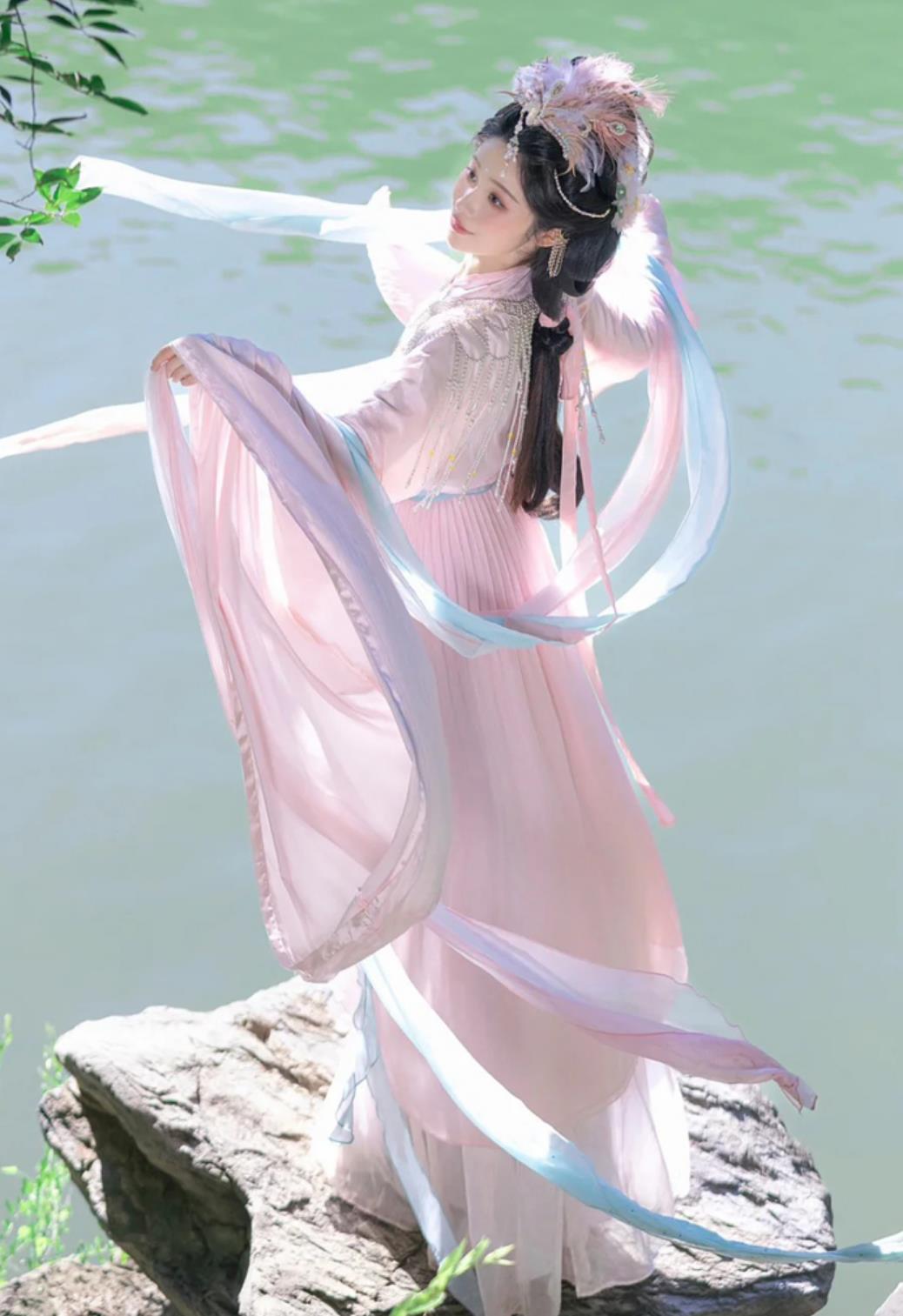 Chang E Fairy Hanfu Women Pink Wide Sleeve Flowing Immortal Dress Ancient Chinese Dance Performance Costume