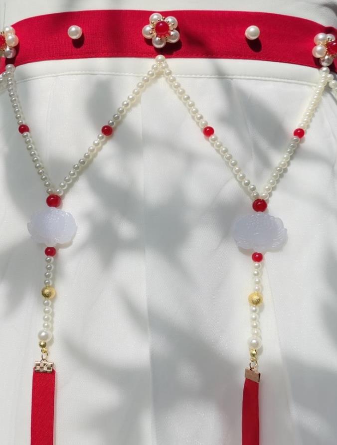 Pearl Tassel Ribbon Sash Oxplume Knot Ancient Style Hanfu Accessory Red Waist Band Handmade Waist Chain
