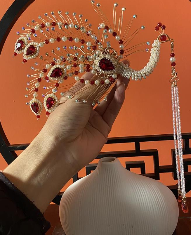 Tassel Golden Phoenix Hairpin Inclined Phoenix Five Tail Hair Crown Chinese Ming Dynasty Wedding Headdress Accessory