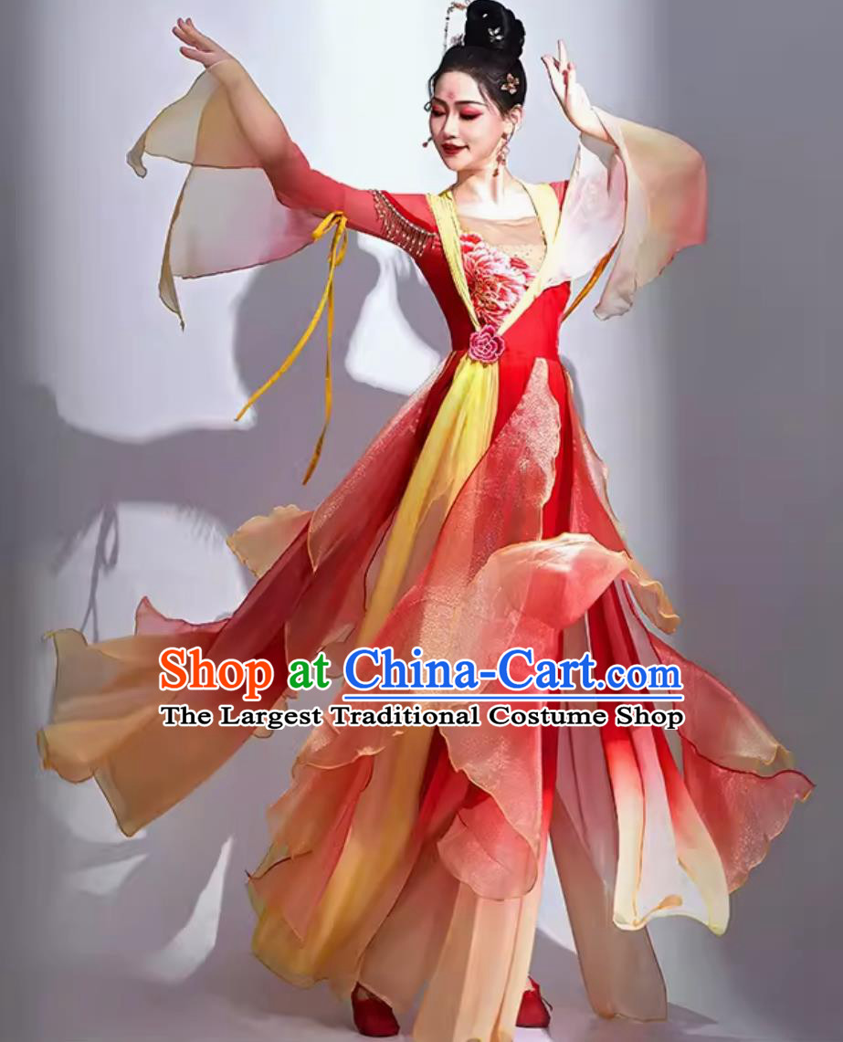 Classical Dance Costume Women Elegant Chinese Style Ethereal Fan Dance Red Set