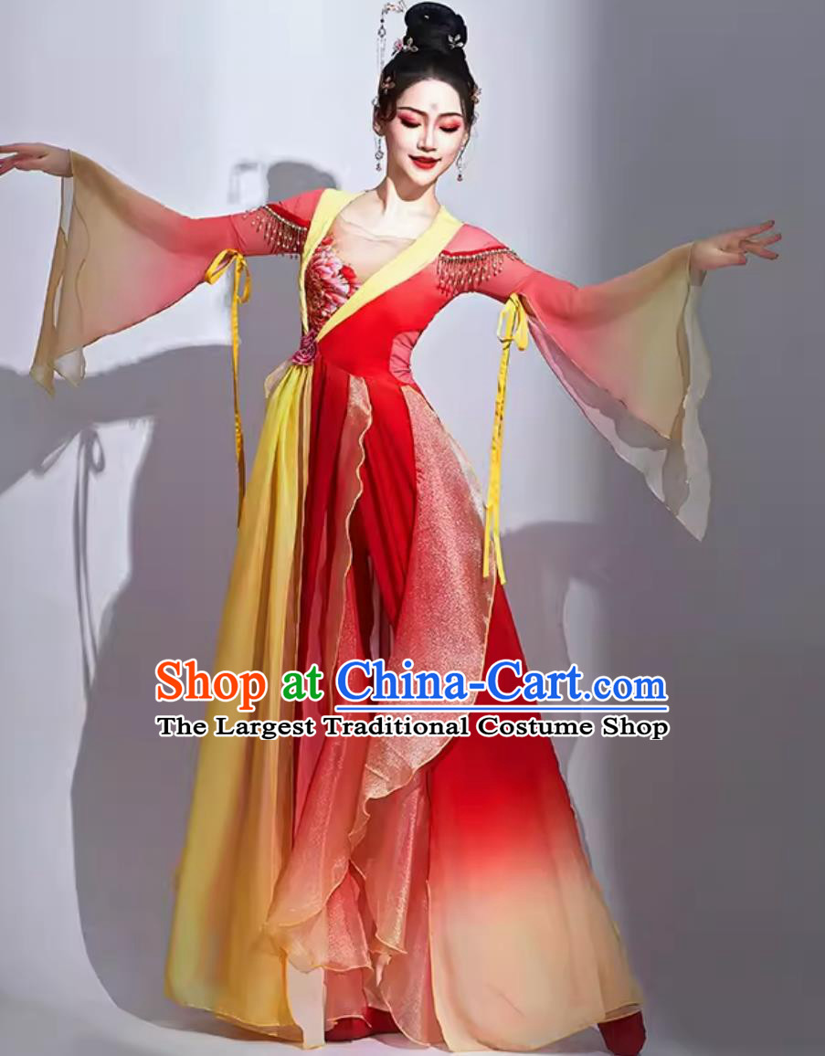 Classical Dance Costume Women Elegant Chinese Style Ethereal Fan Dance Red Set