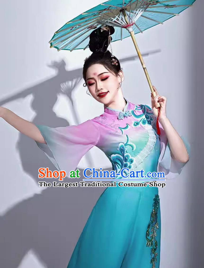 Women Group Dance Costume Chinese Classical Dance Clothing Jiaozhou Yangko Performance Lake Blue Outfit