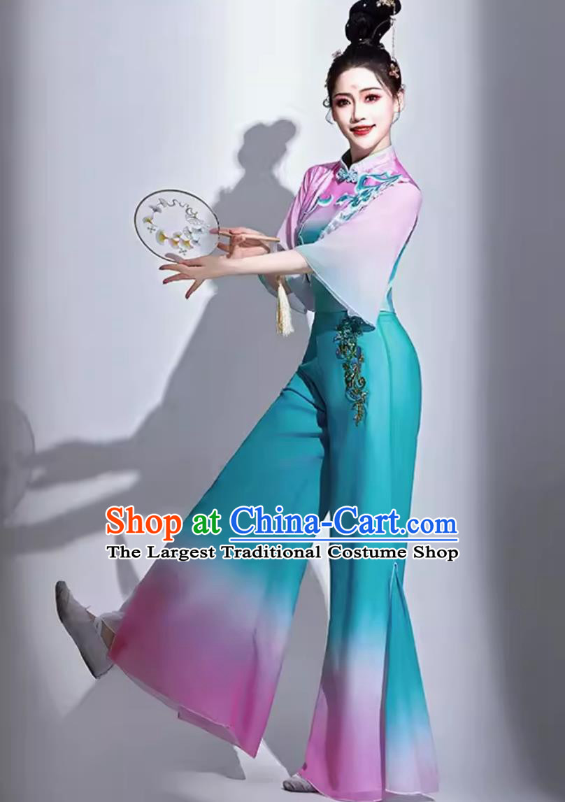 Women Group Dance Costume Chinese Classical Dance Clothing Jiaozhou Yangko Performance Lake Blue Outfit