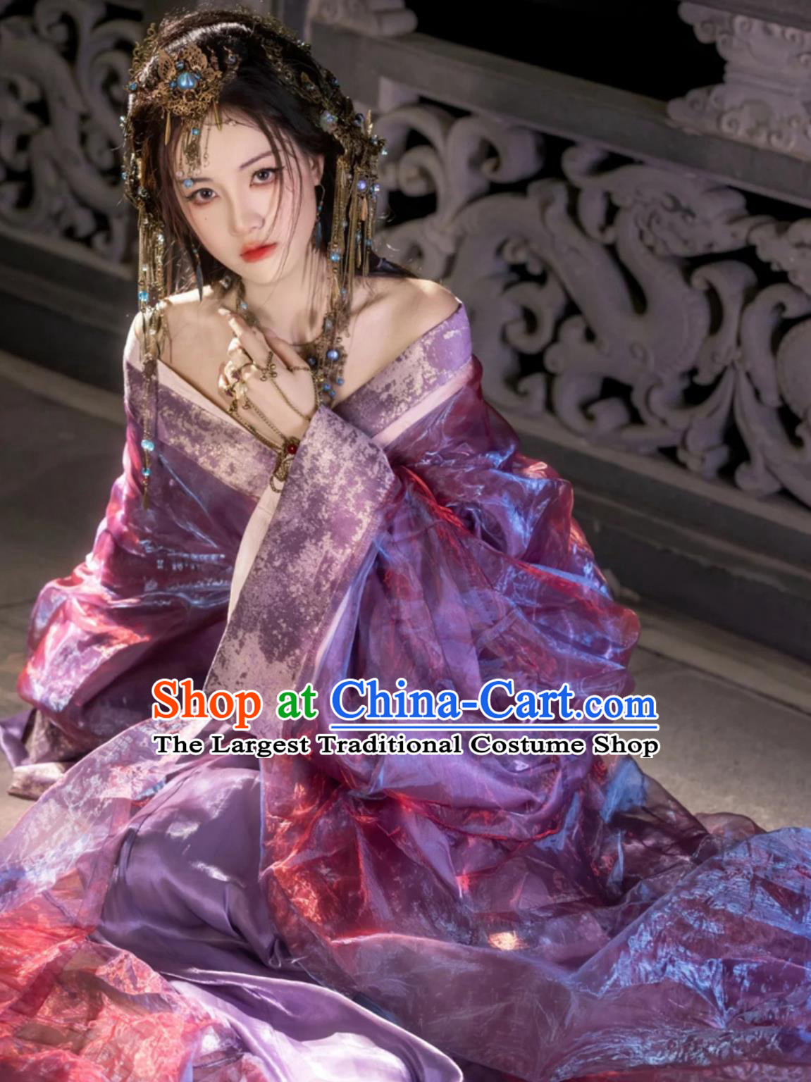Purple Wide Sleeve Warring States Robe Ancient Hanfu Chinese Costume Traditional Women Clothing