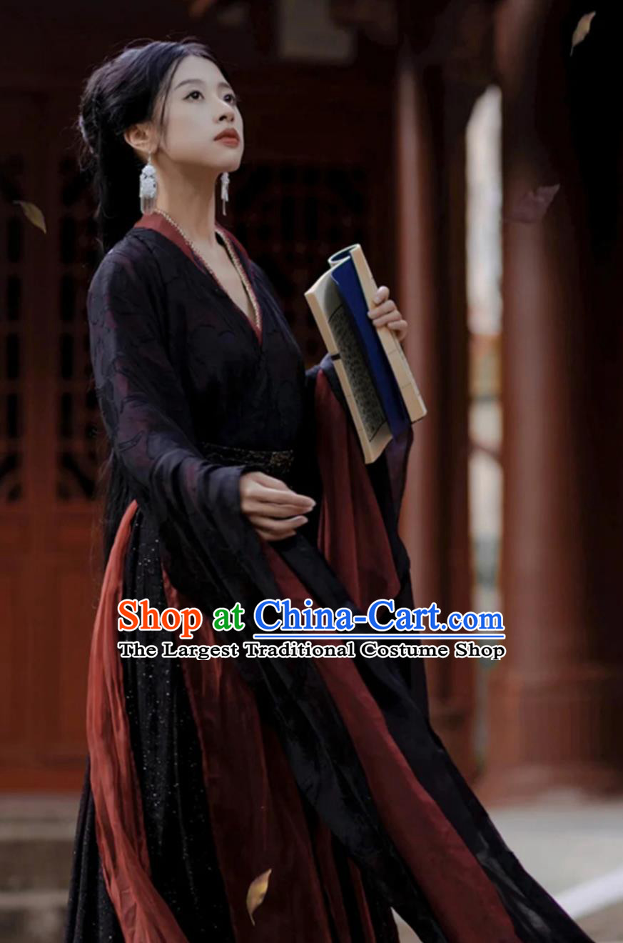 Ancient Chinese Women Costumes Traditional Hanfu Black and Red Wide Sleeve Robes