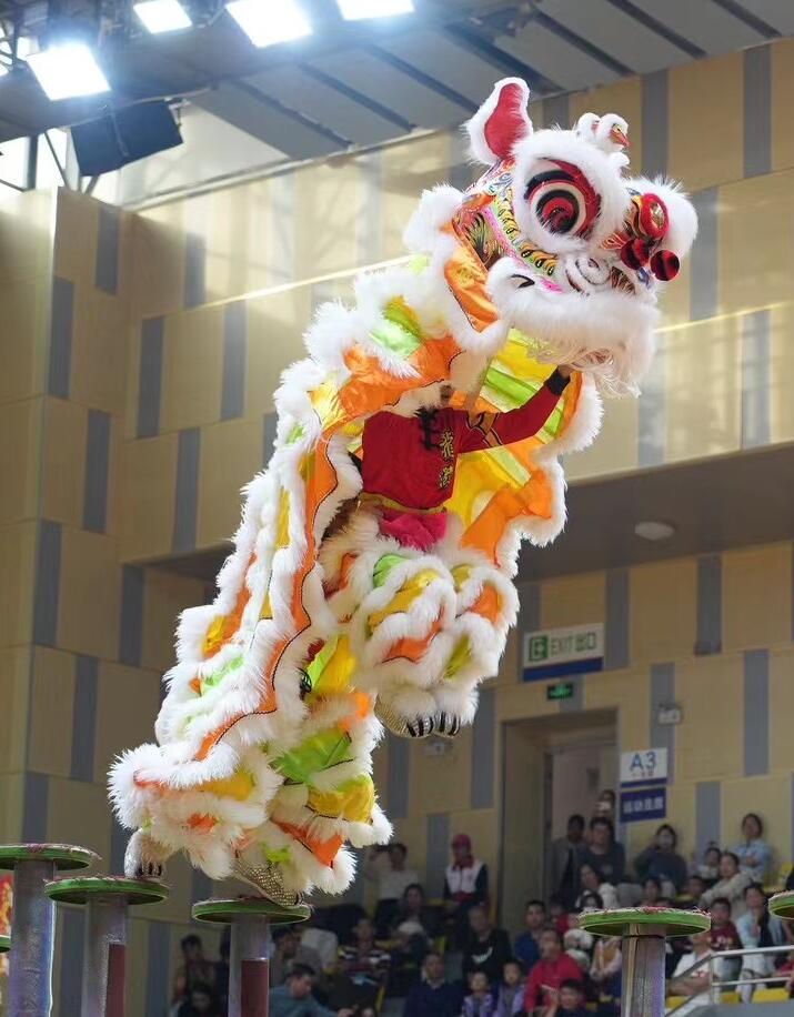 Handmade White Wool Lion Dance Head Traditional Chinese Dancing Lion Equipment Clothing Fut San Rainbow Lion Dance Costume