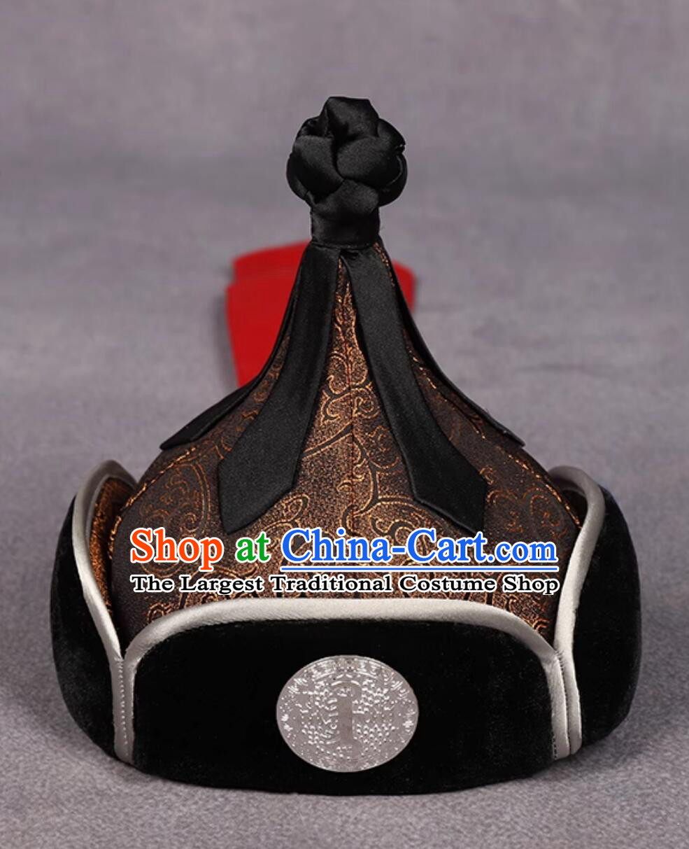 Mongolian Traditional Hat Male Prince Bokh Hat Wrestling Headwear Handmade Performance Brown Hat