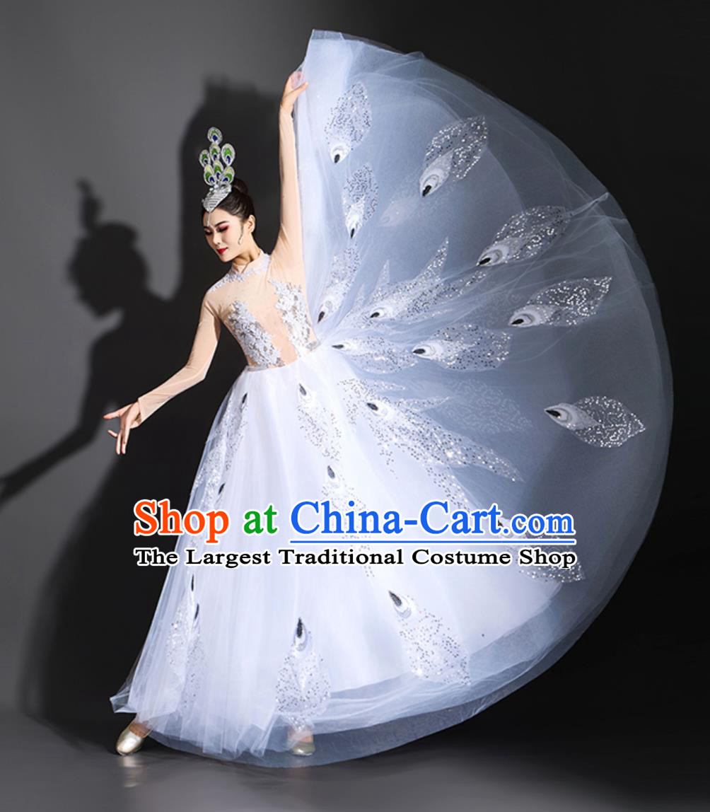 Women Group Dance Clothing Peacock Dance White Dress Yang Liping Spirit Of The Bird Performance Costume