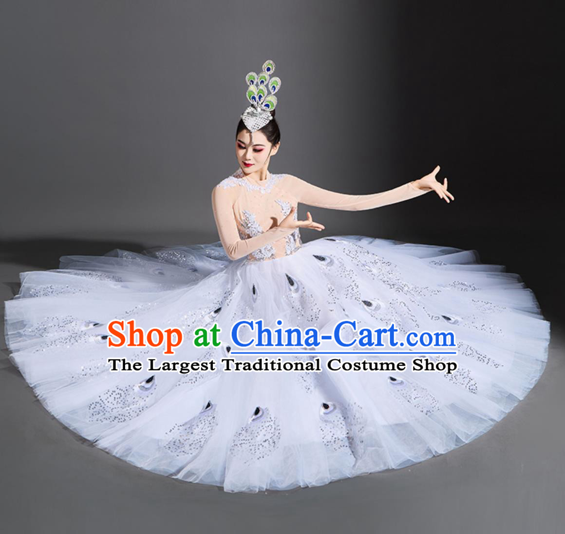 Women Group Dance Clothing Peacock Dance White Dress Yang Liping Spirit Of The Bird Performance Costume