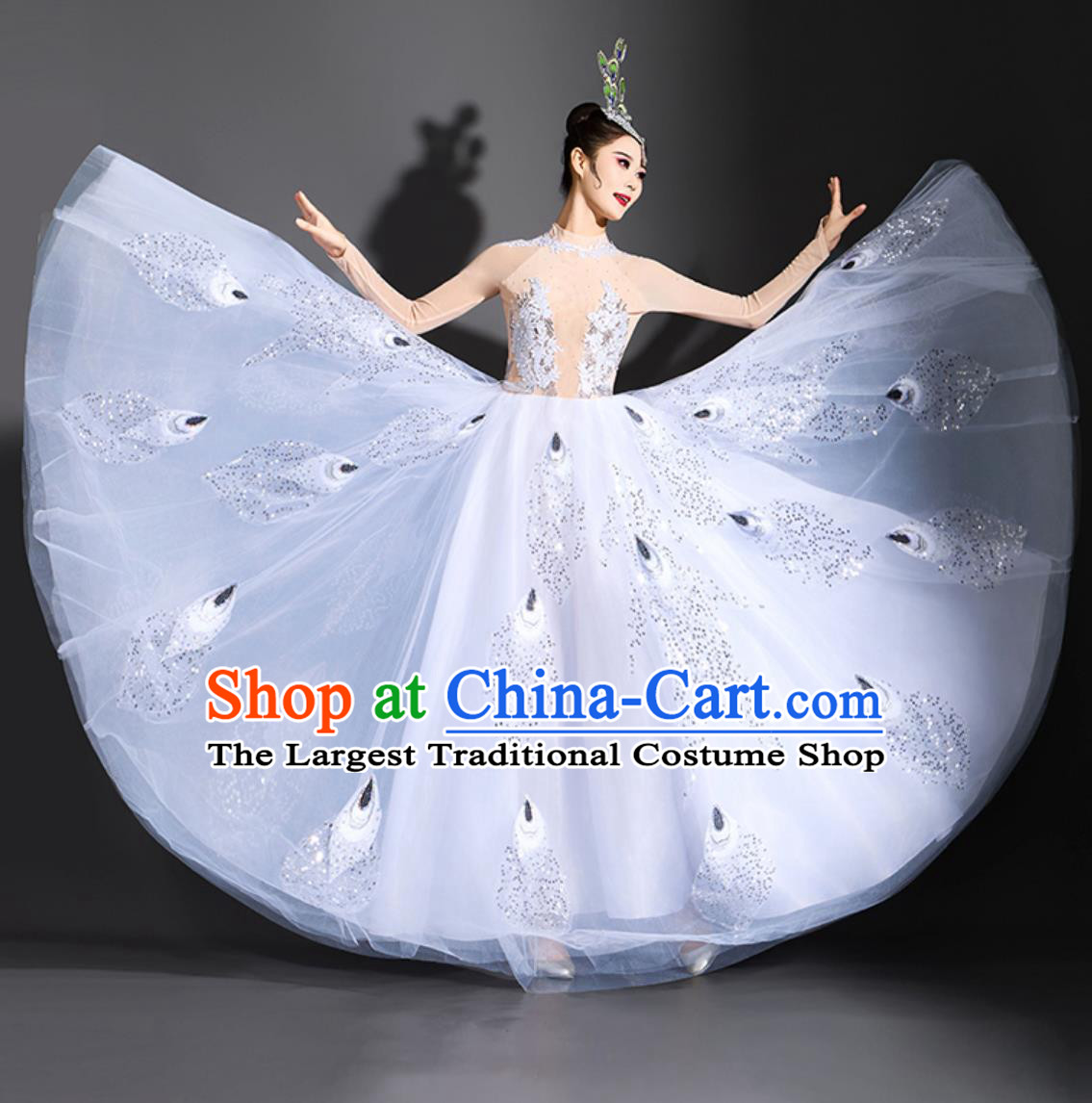 Women Group Dance Clothing Peacock Dance White Dress Yang Liping Spirit Of The Bird Performance Costume