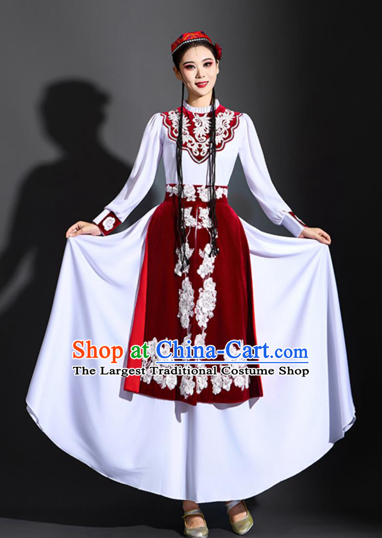 Chinese Ethnic Performance Outfit Women Dance Costume Kazakh Xinjiang Flowy Flared Dress