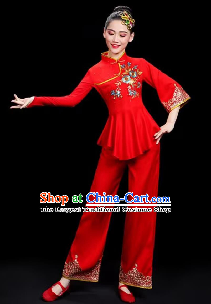 Women Fan Performance Red Outfit Chinese Northeast Yangko Costume Yangge Dance Clothing