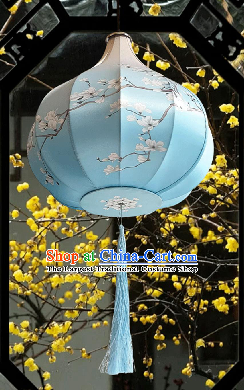 Chinese Mid Autumn Festival Lantern Printed Magnolia Flower Lamp Festival Celebration Blue Silk Lantern