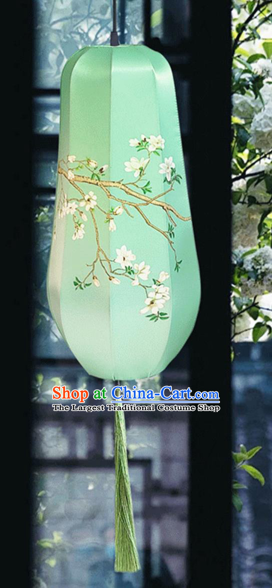 Festival Celebration Green Silk Lantern Chinese Mid Autumn Festival Lantern Printed Magnolia Flower Lamp