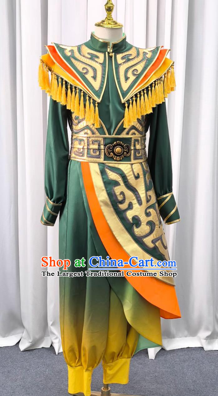 Mens Chinese Style Festive Waist Drum Performance Green Outfit Powerful Drum Performance Costume