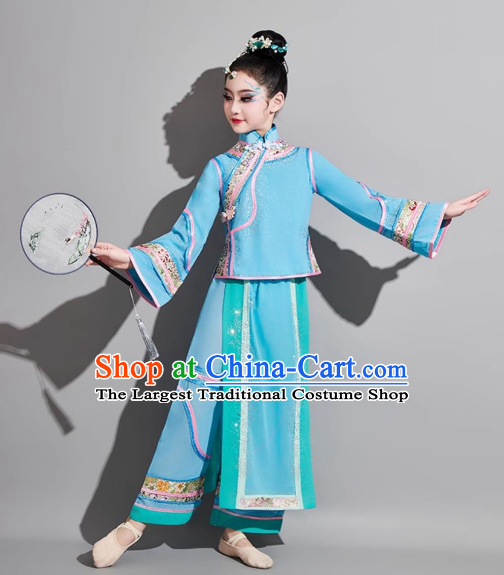 Girls Qing Dynasty Blue Outfit Children Classical Dance Costume My Fair Princess Performance Clothing