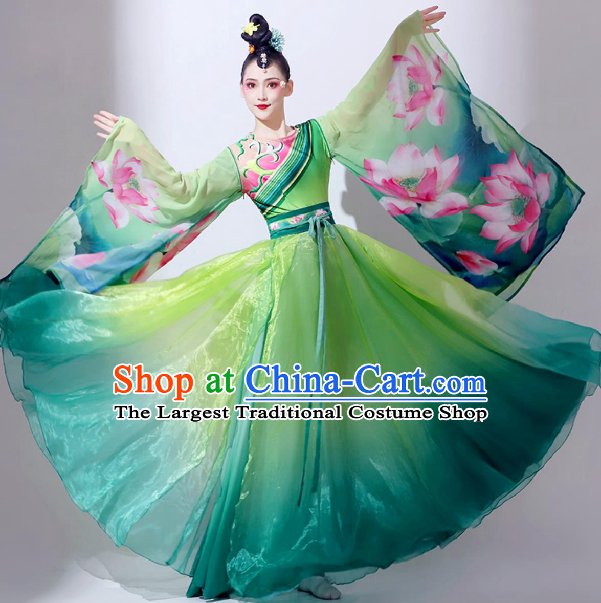 Classic Dance Performance Costume Women Elegant Chinese Style Wide Sleeve Hanfu Chinese Ode To Lotus Dance Dress