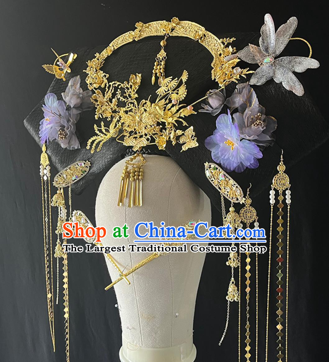Qing Dynasty Palace Woman Hat Ancient Chinese Court Empress Headgear Handmade Large Winged Manchu Headdress