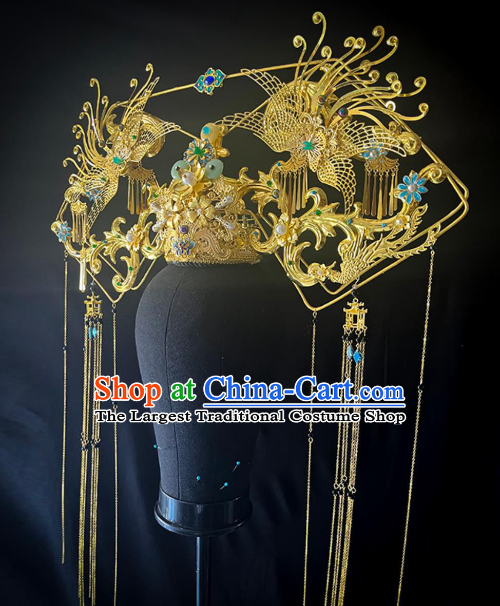 Ancient Chinese Court Empress Headgear Handmade Large Winged Manchu Headdress Qing Dynasty Imperial Consort Golden Phoenix Hat