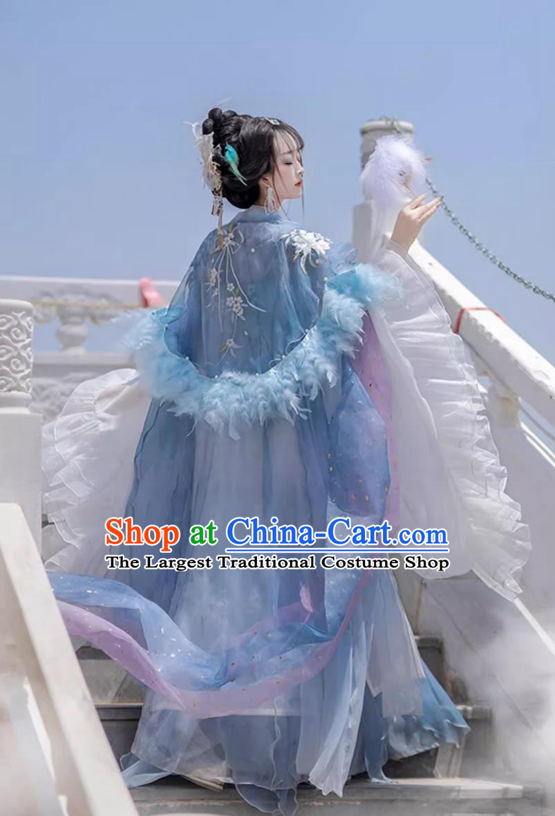 Chinese Blue Hanfu Ruqun Traditional Clothing Tang Dynasty Princess Wide Sleeve Costume
