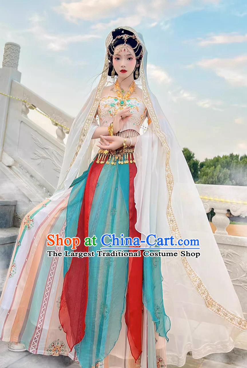 Dunhuang Exotic Style Hanfu Tianzhu Maiden Ancient Chinese White Costume Complete Set
