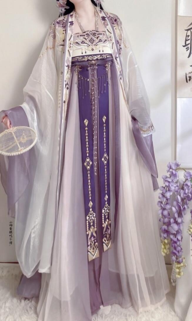Tang Dynasty Hanfu Hezi Qun Embroidery Large Sleeve Gown Ancient Chinese Princess Fairy Purple Costumes Complete Set