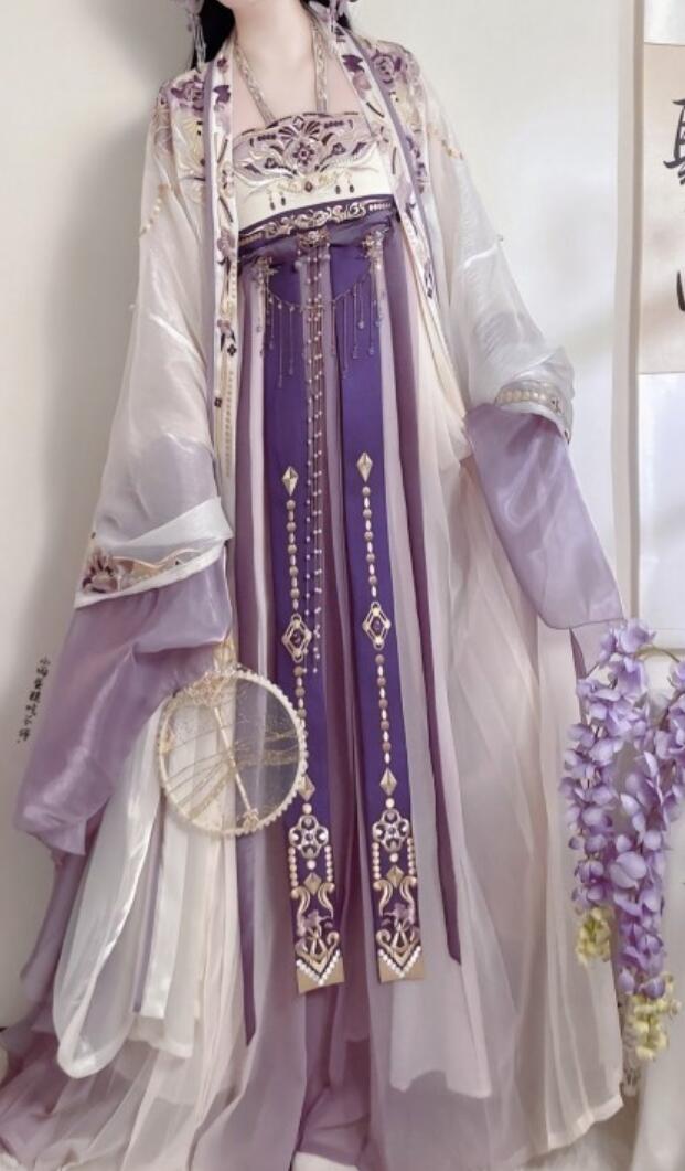 Tang Dynasty Hanfu Hezi Qun Embroidery Large Sleeve Gown Ancient Chinese Princess Fairy Purple Costumes Complete Set